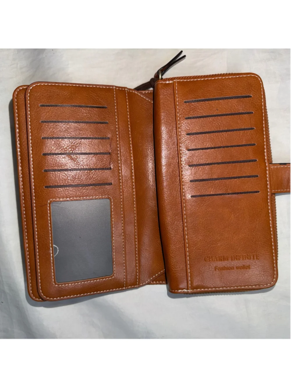 EUC Charm Infinite Vegan Leather Zip Around 2 section Fashion Wallet RFID Block